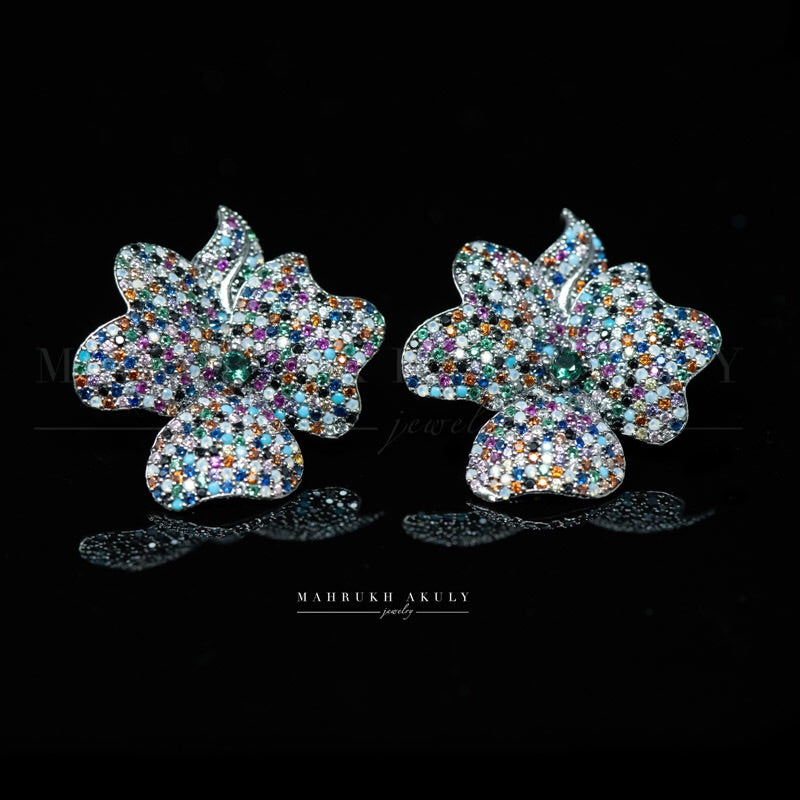 Multicolor pave zirconia floral studs